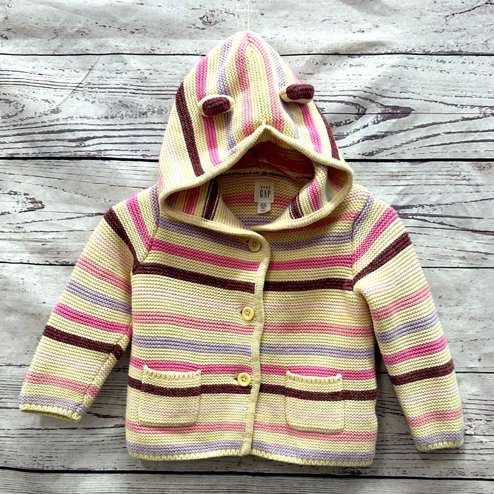 Baby GAP Pink Purple and Nude Striped Knitted Hoodie Sweater Size 6-12 Months